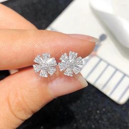 Stud Earrings Exquisite Flower Shaped For Women Crystal Cubic Zirconia Ear Piercing Silver Colour Jewellery