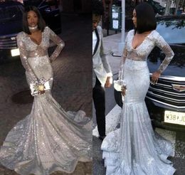 Bling Sparkly Sequins Silver Long Sleeves Mermaid Prom Party Dresses Sexy V Neck Black Girls Reflective Gala Evening Gowns8327342