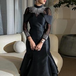 Party Dresses ROSELLA Black High Neck Evening Ankle Length Ruffles Mermaid Rhinestone Formal Gown Saudi Arabia