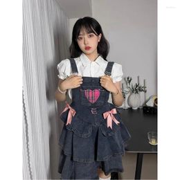 Casual Dresses Women's Blue Love Print Bow Denim Suspender Dress Retro Age Reduction High Waist Flounce Pleated Skirts Lady's Clothing