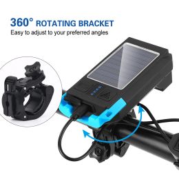 Bicycle Headlamp Solar USB Recharge Bike Headlight Front Light Waterproof Bicycle Flashlight Night Riding Light Lamp with Horn