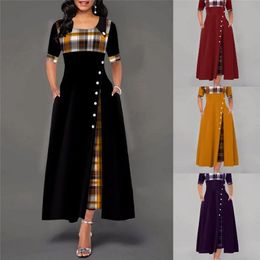 Women Plaid Print Maxi Dresses Elegant Vintage Half Sleeve Aline Party Long Dress Fashion Boho Style ONeck Patchwork Lady Robe 240411