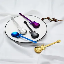 Coffee Scoops 4pcs Stainless Steel Long Guitar Spoon Set For Tea Dessert Ice Cream Gold Silver Colourful Kitchen Drinking Tools