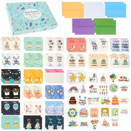 50Pcs Happy Birthday Cards Set with 10 Envelopes 27 Birthday Stickers Colorful Creative Birthday Greeting Cards Assorted