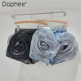 3D Flower Denim Shorts Women Summer Korean Style Elastic Waistband Wide Leg Short Pants Slimming Booty Sexy Girl 240411