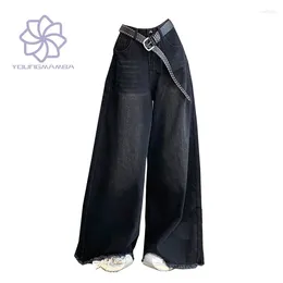 Women's Jeans Vintage Solid Washed Women Autumn American Low Waist Slim Wide Leg Pants Design Loose Long