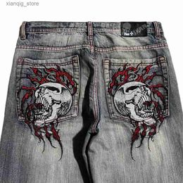 Jeans maschile streetwear nuovo teschio ricamato jeans larghi y2k tendenza gotica maschile strade hip hop hop in alto gamba larga gamba pantaloni gambe l49
