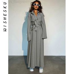 Basic Casual Dresses Elegant Grey set womens 2-piece fashionable long sleeved shirt and V-neck sleeveless loose ankle length dress Fe set C240411