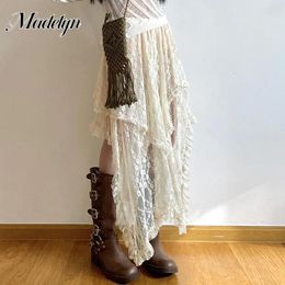 Skirts Summer Lace Asymmetrical Women Korean Style Lined Long Skirt Sweet Girl Vintage Lightweight Holiday Hollow Out Y2K