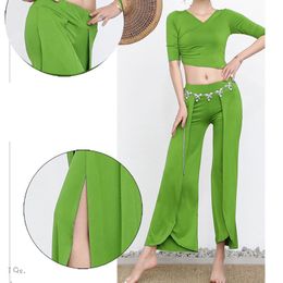 Belly Dance Costume Set Women Oriental Practise Wear Professional Bellydance Top Solid Colour Split Long Pants Set Outfit Clothes
