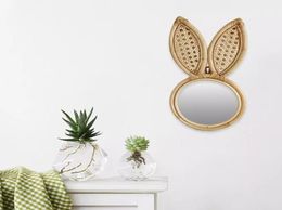 WallMounted Rattan Handmade Decorative Rabbit Ear Monkey Dressing Makeup Mirror Hanging Round Decoration Compact Wall3769000