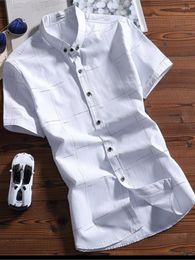 Men's Casual Shirts Korean Summer Cotton Slim Men Shirt Fashion Short Sleeve Plus Size Cool Youth Trend Breathable Soft Plaid Dropship