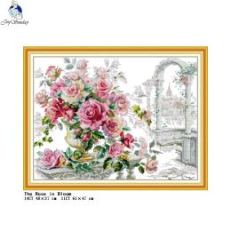 Flowers Series Cross Stitch Kit Aida 14CT 11CT White Cloth Printed Fabric Needle and Thread Set DIY Needlework Embroidery Gifts