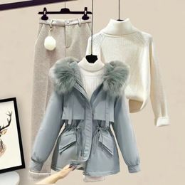 Women Winter Warm Tracketsuit Snow Suit Thicken Parkat Jacket+Turtleneck Sweater And Wool Pant Three Pieces Set Outwear Cloth
