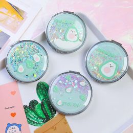 TSHOU656 Portable Double-Sided Folding Cosmetic Mirror Girl Gift Flowing Sparkling Sand Mini Avocado Makeup Mirror