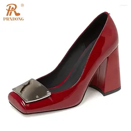 Dress Shoes PRXDONG Brand Spring Summer QUlaity Women's Pumps High Heels Square Toe Black Red Crystal Party Wedding Lady 39
