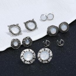 Stud Earrings Ethnic Style Retro Boho Set For Women's White Stone Opal Antique Silver Colour Jewellery 12pcs/set