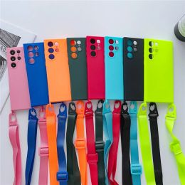 Crossbody Necklace Strap Lanyard Liquid Silicone Case For Samsung Galaxy S24 S23 S22 Ultra S21 Plus S20 Candy Color Phone Cover