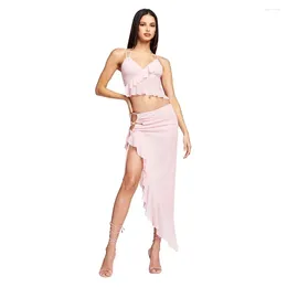 Casual Dresses Pink Slip Dress 2 Piece Set Sexy Cut Out Holiday Party Cropped Top Bodycon Women Spaghetti LM117