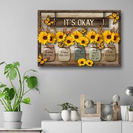 Farmhouse Vintage Poster Prints It's Okay Soul Comfort Vases of Flowers and Butterflies Wall Art Canvas Painting Room Home Decor
