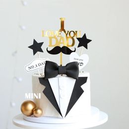 Suit Bow Tie Men Happy Birthday Cake Topper Gold Black Acrylic Father's Day Party Gift Cake Topper Super Dad Dessert Decoration