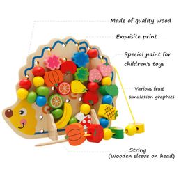 Wooden 82pcs Hedgehog Fruits Vegetables Lacing Stringing Beads Toys With Hedgehog Board Montessori Educational Puzzle Toys Gift