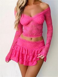 2 Piece Set Lace Skirt Sets See Through Off Shoulder Long Sleeve Corset Crop Tops Ruffle Mini Retro Sexy Clubwear 240402