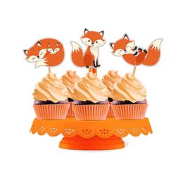 12pcs/set Fox Cupcake Toppers Woodland Animal Cake Picks for Woodland Animal Themed Baby Shower Birthday Party Table Decorations