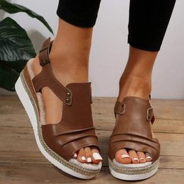 Women Wrap Leather Sandals Heel Wedge the Instep Side Empty Large Size Slope Slippers Buckle Strap Beach Peep Toe Dress Shoes 996 30980