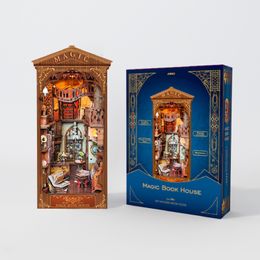 DIY Wooden Book Nook Shelf Insert Chinese Ancient Night Market Bookshelf Miniature Building Kits Bookends Handmade Crafts Gifts