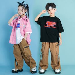 Kids Hip Hop Clothing Pink Oversize Shirt Khaki Casual Street Cargo Pants for Girl Boy Jazz Dance Costume Teen Stage Clothes