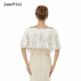 JaneVini New Wedding Bolero Wrap Shrug Bridal Shawl Stoles Faux Fur White Cape with Black Tip Women Prom Party Coat Winter Cloak
