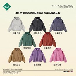 Wholesale Men Batik hoodie acid wash zip up heavy coat wool full double zipper cordless Hoodie high quality winter clothing 240329
