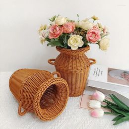 Vases Home Decor Plastic PE Woven Antique Rattan Vase For Artificial Flowers Flower Implements Chinese Basket