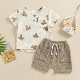 Clothing Sets Toddler Kids Boys Summer Bear Print Short Sleeve Cotton Linen Pocket T-shirts Tops Drawstring Shorts Outfits