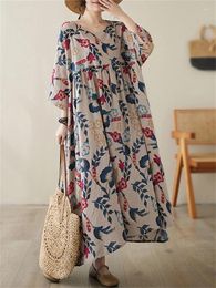 Casual Dresses Cotton Vintage Print For Women 2024 Summer Loose Long Oversize Dress Femme Robe Vestidos Holiday Beach Clothing