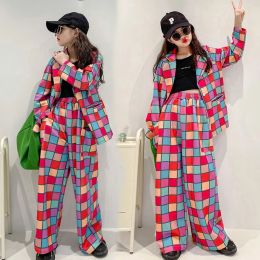 Trousers Girls Blazers Suit Pants Sets Spring Kids Fashion Plaid Outfits Fashion Loose Children's Clothing Teen Dancing Costumes