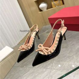 Rock Bow Evening Vbuckle Vvalen Thin Shoes Slingback Womens Stud Lady Pump New Willow Nail Bow High Pointed Heel Sandals Lace Up Shoes TOYH