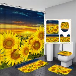 Sunflower Flowers Pattern Shower Curtain Set with Rugs Waterproof Bathing Screen Anti-slip Toilet Lid Cover Rugs Bathroom Decor