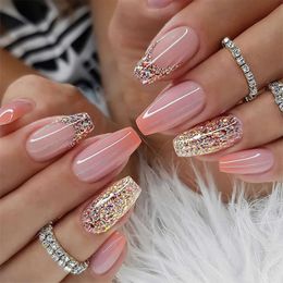 Wearing Orange Gradient Glittering Pink Fake Nails and Almond Nail Enhancement Patches, Press on Nails