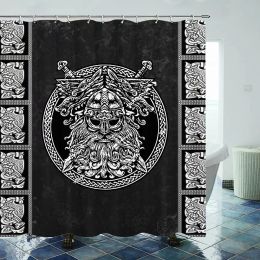 Viking Shower Curtain Vintage Warship of The Vikings Drakkar Ancient Scandinavian and Norse Runes Bathroom Decor Set Accessories