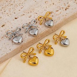 Dangle Earrings French Sweet And Elegant Bow Heart Drop For Women Gold Silver Plated Double Color Waterproof Stainless Steel Jewelry