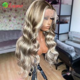 Highlight Grey Blonde Colored 13x6 Transparent Lace Frontal Wig Pre-Plucked Ashy Blonde Body Wave Human Hair Wig For Black Women