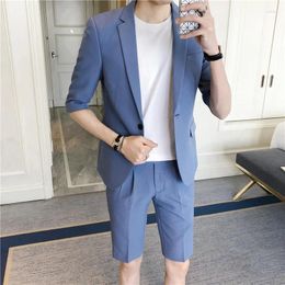 Men's Suits Korean Style Clothing Men Suit Set Slim Fit Half Sleeve Knee Length Pants Pink White Summer Jacket With Short Pant