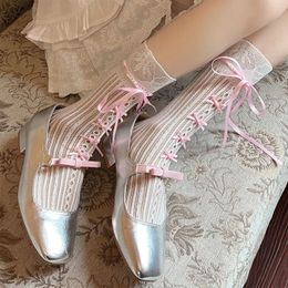 Women Socks JK Japanese Sweet Girl Hollow Tie Bow Mid Tube Spring/Summer Thin Vertical Stripe Cute Lolita Calf Sexy For