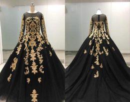 Black And Gold Lace Ball Gown Evening Prom Dresses With Long Sleeves Sequins Tulle Long Hollow Back Applique Formal Gowns African 8502365