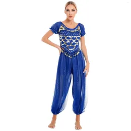 Stage Wear Womens Belly Dance Costume Sparkly Bollywood Cosplay Outfits Sequin Puff Sleeve Crop Top With Harem Pants For Performance