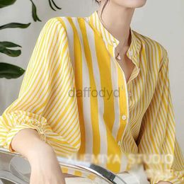 Women's Blouses Shirts Round Neck Korean Striped Printing Loose Womens Shirt 2023 Summer New Fashion Female Clothing 3/4 Sleeve Single-breasted Blouse 240411
