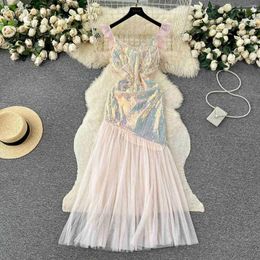 Casual Dresses Luxury And Elegant Gold Sequin Banquet Party For Women With Lace Slim Fit Mesh Spliced Vintage Sparkly Prom Long