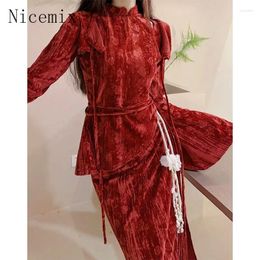 Work Dresses Winter Rose Vintage Red Suit Chinese Qipao Asymmetric Long Sleeve Top Pleated Skirt Set Two Piece Women Outfits